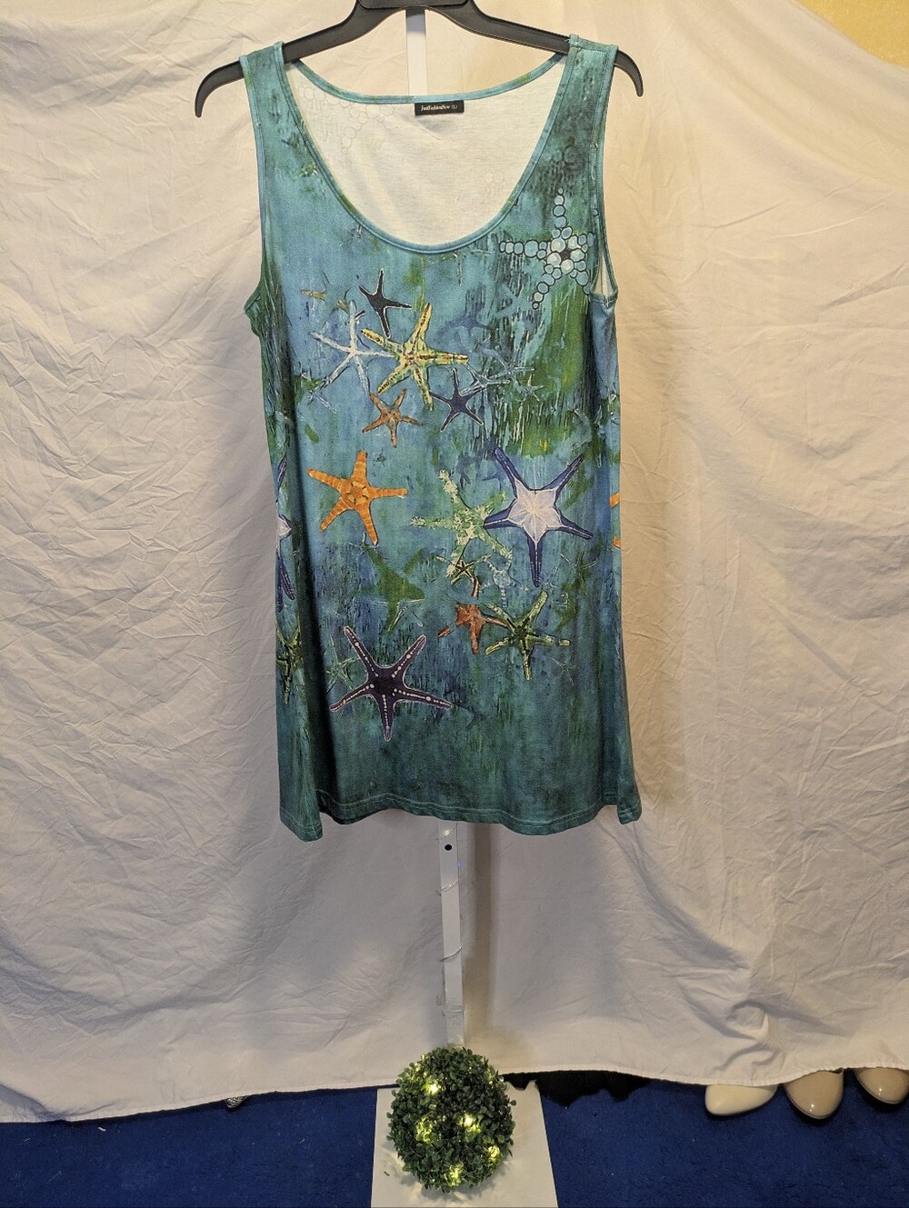 JustFashionNow Starfish Print Tank Dress Beach Tunic Blue Green Large